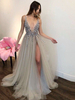 Abendkleid Splitter A-Linie V-Ausschnitt Sweep Reißverschluss Applique Pailletten Tüll Spitze Social Pageant Kleider