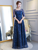 Abendkleider 2021 Dunkel Navylace Half Sleeve Bow Sash Illusion bodenlangen Abendkleid