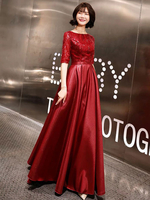 Abendkleider Burgund Halbarm Pailletten Satin Bodenlang Langes Abendkleid