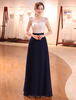 Abendkleider Dark Navy Lace Abendkleid Illusion Perlen Kontrast Farbe bodenlangen Hochzeitsgast Kleid