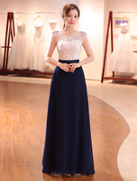 Abendkleider Dark Navy Lace Abendkleid Illusion Perlen Kontrast Farbe bodenlangen Hochzeitsgast Kleid