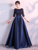 Abendkleider Dark Navy Langes Abendkleid Spitze Satin Bogen Schärpe Halbe Ärmel Formelle Kleider