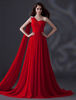 Abendkleider Einschulter Hochzeit A-Linie- Ballkleider Chiffon Formelle Kleider ärmellos mit Schnürung Rot und Watteau-Schleppe