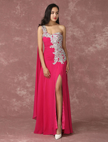 Abendkleider Einschulter Hochzeit A-Linie- Festliche Kleider für Mädchen Chiffon Formelle Kleider ärmellos Fuchsienfarbig bodenlang