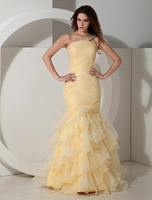 Abendkleider Einschulter Hochzeit Narzissengelb    Ballkleider Organza Formelle Kleider Mermaid- mit Reißverschluss bodenlang natürliche Taillenlinie