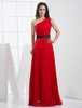 Abendkleider Einschulter Hochzeit ärmellos Abendkleider Chiffon Rot Formelle Kleider Chiffon A-Linie- bodenlang mit hoher Taillenlinie und Gürtel