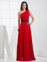 Abendkleider Einschulter Hochzeit ärmellos Abendkleider Chiffon Rot Formelle Kleider Chiffon A-Linie- bodenlang mit hoher Taillenlinie und Gürtel