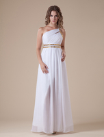 Abendkleider Einschulter Hochzeit ärmellos Ballkleider Weiß Formelle Kleider Chiffon A-Linie- bodenlang mit hoher Taillenlinie