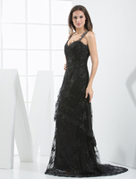 Abendkleider Herz-Ausschnitt Hochzeit A-Linie- Brautkleider Schwarz Spitze Formelle Kleider ärmellos Schwarz Mit Schleppe natürliche Taillenlinie