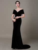 Abendkleider Herz-Ausschnitt Hochzeit Mermaid- Promi-Kleider Velours Formelle Kleider Kurzarm mit Reißverschluss Schwarz und Court-Schleppe