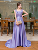 Abendkleider Lange Violet Satin Spitze V-Ausschnitt Abendkleid Applique Perlen Backless Abendkleider mit Zug