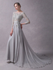Abendkleider mit Bateau-Kragen Hochzeit A-Linie- Ballkleider Chiffon Formelle Kleider 3/4 Ärmel und Reißverschluss Hellgrau und Court-Schleppe