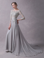 Abendkleider mit Bateau-Kragen Hochzeit A-Linie- Ballkleider Chiffon Formelle Kleider 3/4 Ärmel und Reißverschluss Hellgrau und Court-Schleppe