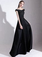Abendkleider mit Bateau-Kragen Hochzeit Kurzarm Ballkleider Schwarz Formelle Kleider Satingewebe A-Linie- und Schnürung bodenlang