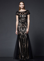 Abendkleider mit Bateau-Kragen Hochzeit Kurzarm Brautkleider Schwarz Schwarz und Pailletten bestickt Mermaid- und Reißverschluss bodenlang