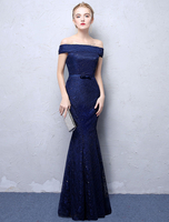 Abendkleider mit Bateau-Kragen Hochzeit Mermaid- Abendkleider mit Spitze aus mattem Satin Formelle Kleider Kurzarm und Schnürung Dunkelmarineblau