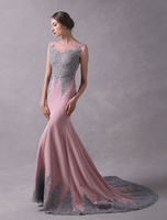 Abendkleider mit Bateau-Kragen Hochzeit ärmellos Abendkleider mit Spitze Kamee Rosa Formelle Kleider Lycra Spandex Mermaid- und Court-Schleppe 40cm
