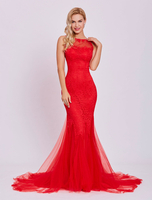 Abendkleider mit Bateau-Kragen Hochzeit ärmellos Abendkleider mit Spitze Rot Formelle Kleider Spitze Mermaid- und Court-Schleppe 30cm und Spitzen