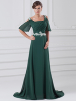 Abendkleider mit Carmenausschnitt Hochzeit A-Linie- Abendkleider Chiffon Chiffon Kurzarm und Reißverschluss Dunkelgrün und Court-Schleppe
