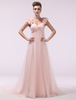 Abendkleider mit Carmenausschnitt Hochzeit A-Linie- Ballkleider Chiffon Formelle Kleider ärmellos und Reißverschluss Peach und Kapelle-Schleppe
