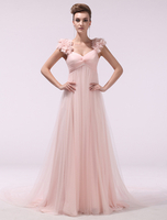 Abendkleider mit Carmenausschnitt Hochzeit A-Linie- Ballkleider Chiffon Formelle Kleider ärmellos und Reißverschluss Peach und Kapelle-Schleppe