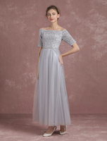 Abendkleider mit Carmenausschnitt Hochzeit A-Linie- Brautmutterkleider Spitze Formelle Kleider 1/2 Ärmel und Schnürung Grau bodenlang