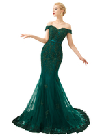Abendkleider mit Carmenausschnitt Hochzeit Kurzarm Dunkelgrün Tüll Formelle Kleider Mermaid- und Reißverschluss und Schleppe 20cm und Spitzen