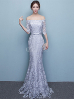 Abendkleider mit Carmenausschnitt Hochzeit Mermaid- Abendkleider mit Spitze Satingewebe Formelle Kleider 1/2 Ärmel und Schnürung Selber bodenlang