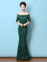 Abendkleider mit Carmenausschnitt Hochzeit Mermaid- Kleider für Hochzeitsgäste Satingewebe Formelle Kleider 1/2 Ärmel und Schnürung Dunkelgrün