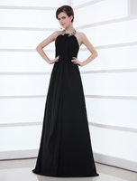 Abendkleider mit Halter Hochzeit ärmellos Abendkleider Chiffon Schwarz Chiffon A-Linie- und Reißverschluss bodenlang natürliche Taillenlinie
