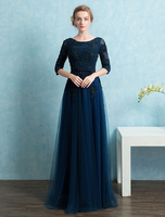 Abendkleider mit Rundkragen Hochzeit 1/2 Ärmel Brautmutterkleider Dunkelmarineblau Formelle Kleider Spitze A-Linie- und Schnürung bodenlang