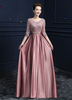Abendkleider mit Rundkragen Hochzeit 1/2 Ärmel Brautmutterkleider Kamee Rosa Formelle Kleider Spitze A-Linie- und Reißverschluss bodenlang und Kette
