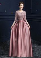 Abendkleider mit Rundkragen Hochzeit 1/2 Ärmel Brautmutterkleider Kamee Rosa Formelle Kleider Spitze A-Linie- und Reißverschluss bodenlang und Kette