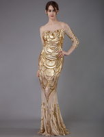 Abendkleider mit Rundkragen Hochzeit 3/4 Ärmel Abendkleider Pailletten Hellgolden und Pailletten bestickt Mermaid- und Reißverschluss bodenlang