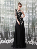 Abendkleider mit Rundkragen Hochzeit 3/4 Ärmel Ballkleider Schwarz Formelle Kleider Chiffon Etui- bodenlang natürliche Taillenlinie und Spitzen