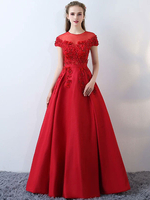 Abendkleider mit Rundkragen Hochzeit A-Linie- Ballkleider Satingewebe Formelle Kleider Kurzarm und Schnürung Rot bodenlang