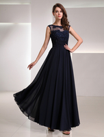 Abendkleider mit Rundkragen Hochzeit A-Linie- Brautjungfernkleider Chiffon Formelle Kleider und Reißverschluss Dunkelmarineblau knöchellang