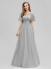 Abendkleider mit Rundkragen Hochzeit A-Linie- Organza Kurzarm Formelle Kleider und Reißverschluss Grau bodenlang