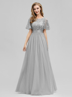 Abendkleider mit Rundkragen Hochzeit A-Linie- Organza Kurzarm Formelle Kleider und Reißverschluss Grau bodenlang