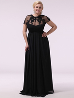 Abendkleider mit Rundkragen Hochzeit Kurzarm Ballkleider Schwarz Formelle Kleider Tüll A-Linie- bodenlang natürliche Taillenlinie und Falten