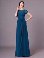 Abendkleider mit Rundkragen Hochzeit Kurzarm Brautmutterkleider Tintenblau Chiffon A-Linie- und Reißverschluss bodenlang natürliche Taillenlinie