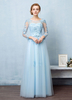 Abendkleider mit Rundkragen Hochzeit Langarm Abschlusskleider Pastellblau Formelle Kleider Tüll A-Linie- und Schnürung bodenlang und Gürtel