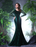 Abendkleider mit Rundkragen Hochzeit Langarm Brautmutterkleider Dunkelgrün Velours Mermaid- und Reißverschluss und Schleppe