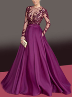 Abendkleider mit Rundkragen Hochzeit Langarm Magenta Satingewebe Formelle Kleider A-Linie- und Reißverschluss bodenlang und Spitzen
