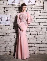 Abendkleider mit Rundkragen Hochzeit Mermaid- Abendkleider Chiffon Stretch Satin Langarm und Reißverschluss Hellrosa bodenlang