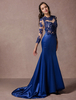 Abendkleider mit Rundkragen Hochzeit Mermaid- Abendkleider mit Rückenausschnitt Tüll Formelle Kleider 3/4 Ärmel Dazzling Blau und Court-Schleppe