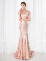 Abendkleider mit Rundkragen Hochzeit Mermaid- Abendkleider mit Rückenausschnitt und Pailletten bestickt Formelle Kleider Kurzarm Nude Tönen