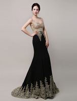 Abendkleider mit Rundkragen Hochzeit Mermaid- Ballkleider Spitze Formelle Kleider ärmellos Schwarz und Court-Schleppe