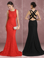 Abendkleider mit Rundkragen Hochzeit Mermaid- Ballkleider Spitze Formelle Kleider ärmellos und Reißverschluss Rot und Schleppe
