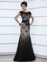 Abendkleider mit Rundkragen Hochzeit Mermaid- Brautkleider Schwarz Netz Formelle Kleider Kurzarm und Reißverschluss Schwarz und Schleppe